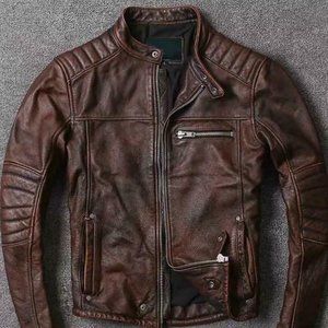 Men's collar trend brown leather jacket male